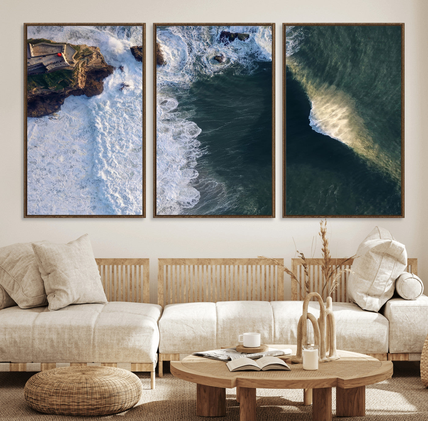 37405684-MGV-FC-60X30-3P_Walnut-Ocean Wave Wall Art – Aerial Coastal View Canvas Artwork, Powerful Sea Wave Design, Modern Beach Wall Decor for Home, Office