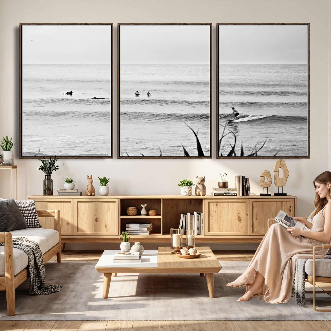 33821421-MGV-CV-36X24 - Surfer Silhouette Wall Art Canvas Print, Framed Calm Ocean Art Picture Print, Monochrome Surf Minimalist Coastal Decor Artwor