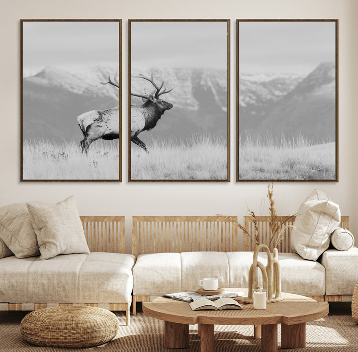 Rustic Elk Wall Art Canvas Print, Wildlife Antler Print, Framed Western Hunting Lodge Art Print, Large Mountain Nature Scene Printing Perfect for Japanese Decor