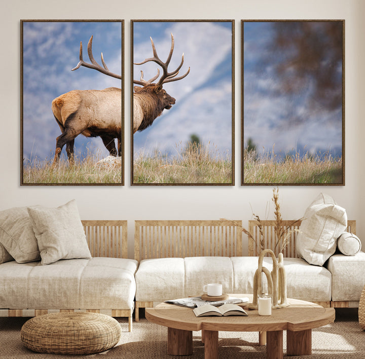 Rustic Elk Wall Art Canvas Print, Wildlife Antler Print, Framed Western Hunting Lodge Art Print