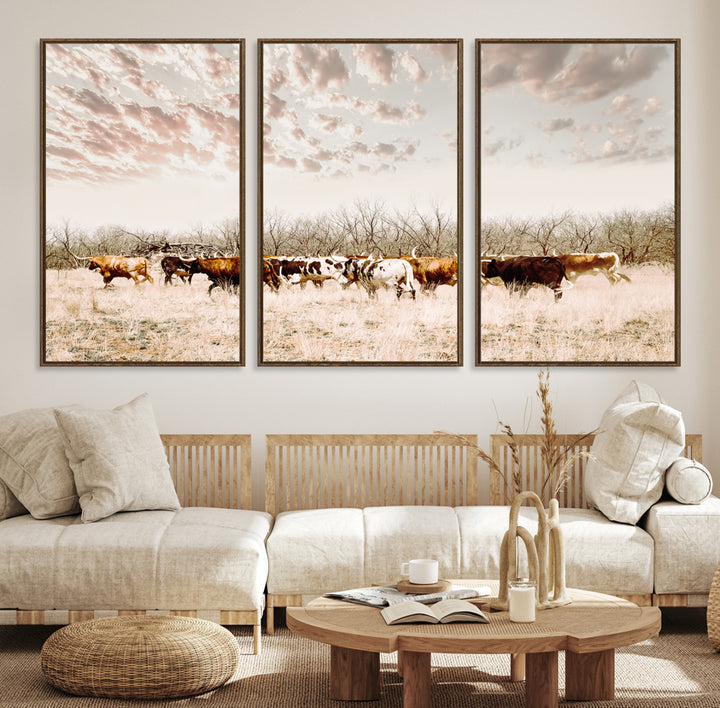 Longhorn Cattle Wall Art Canvas Print, Texas Ranch Print, Framed Western Cow Art Print, Large Prairie Landscape Printing Perfect for Western Decor