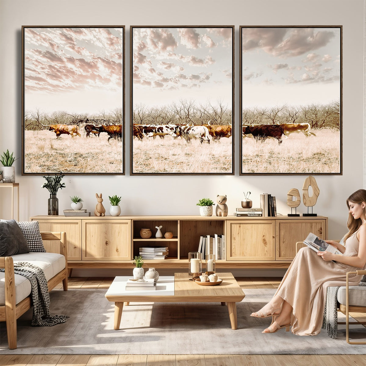 64892775-MGV-CV-24X16 - Longhorn Cattle Wall Art Canvas Print, Framed Texas Ranch Art, Western Cow Print, Prairie Landscape Decor
