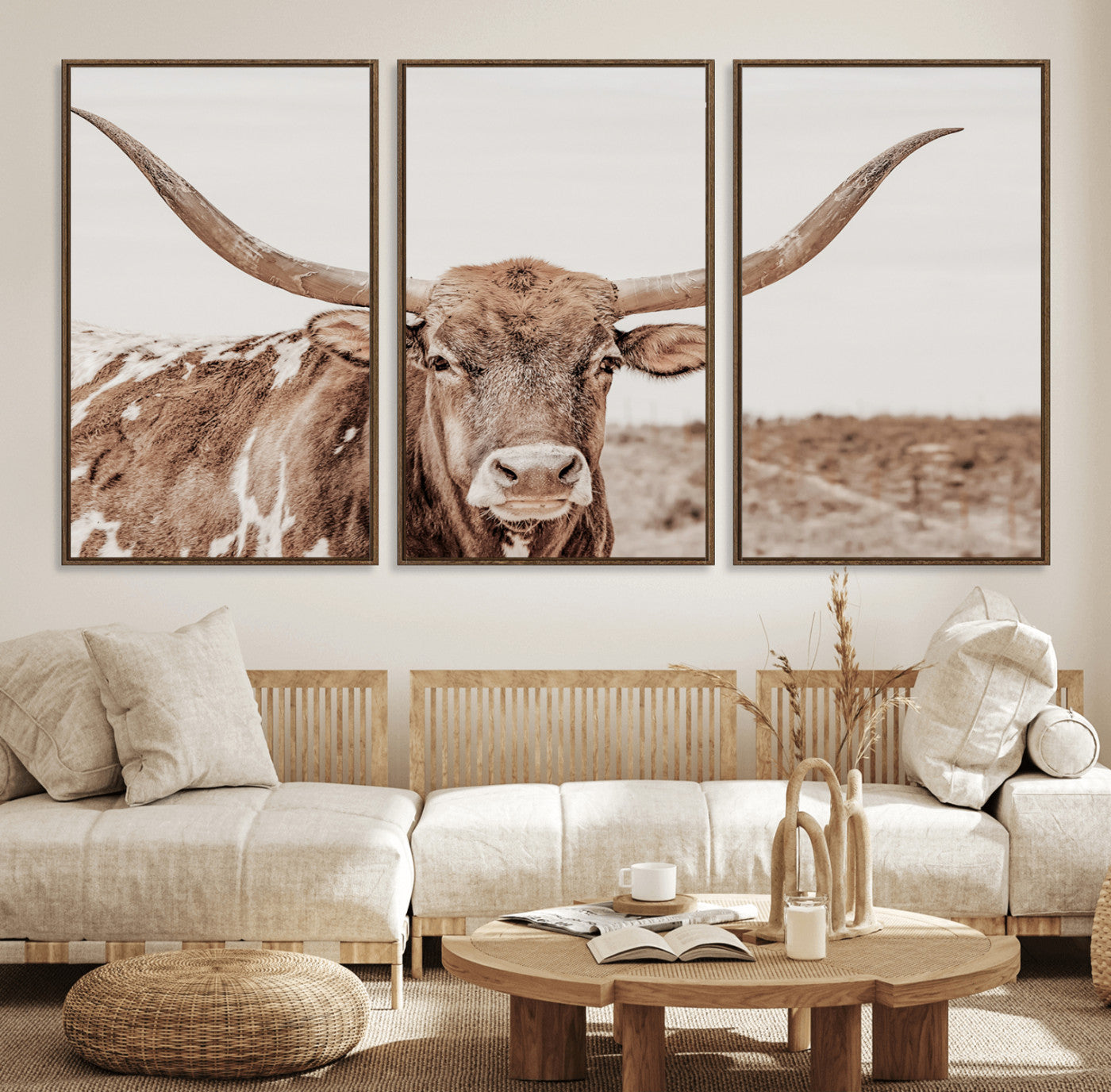 39964150-MGV-FC-60X30-3P_Walnut-Longhorn Cow Wall Art Canvas Print – Texas Ranch Bull Rustic Western Country Scenic Landscape Artwork for Home Office