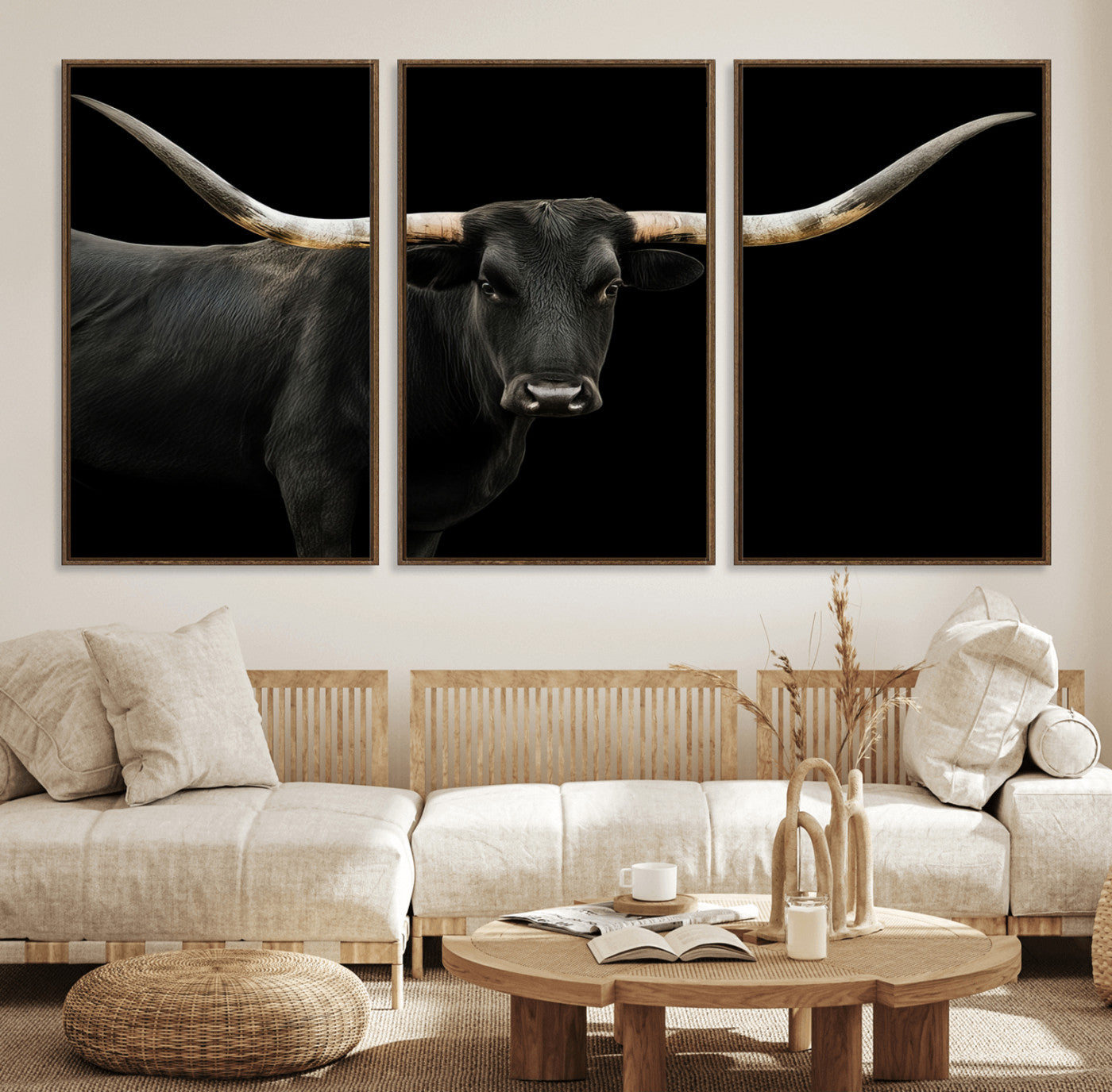 99448328-MGV-FC-60X30-3P_Walnut-Longhorn Cattle Wall Art Canvas Print – Framed Texas Ranch Scene with Western Cow Artwork for Home, Office, Living Room