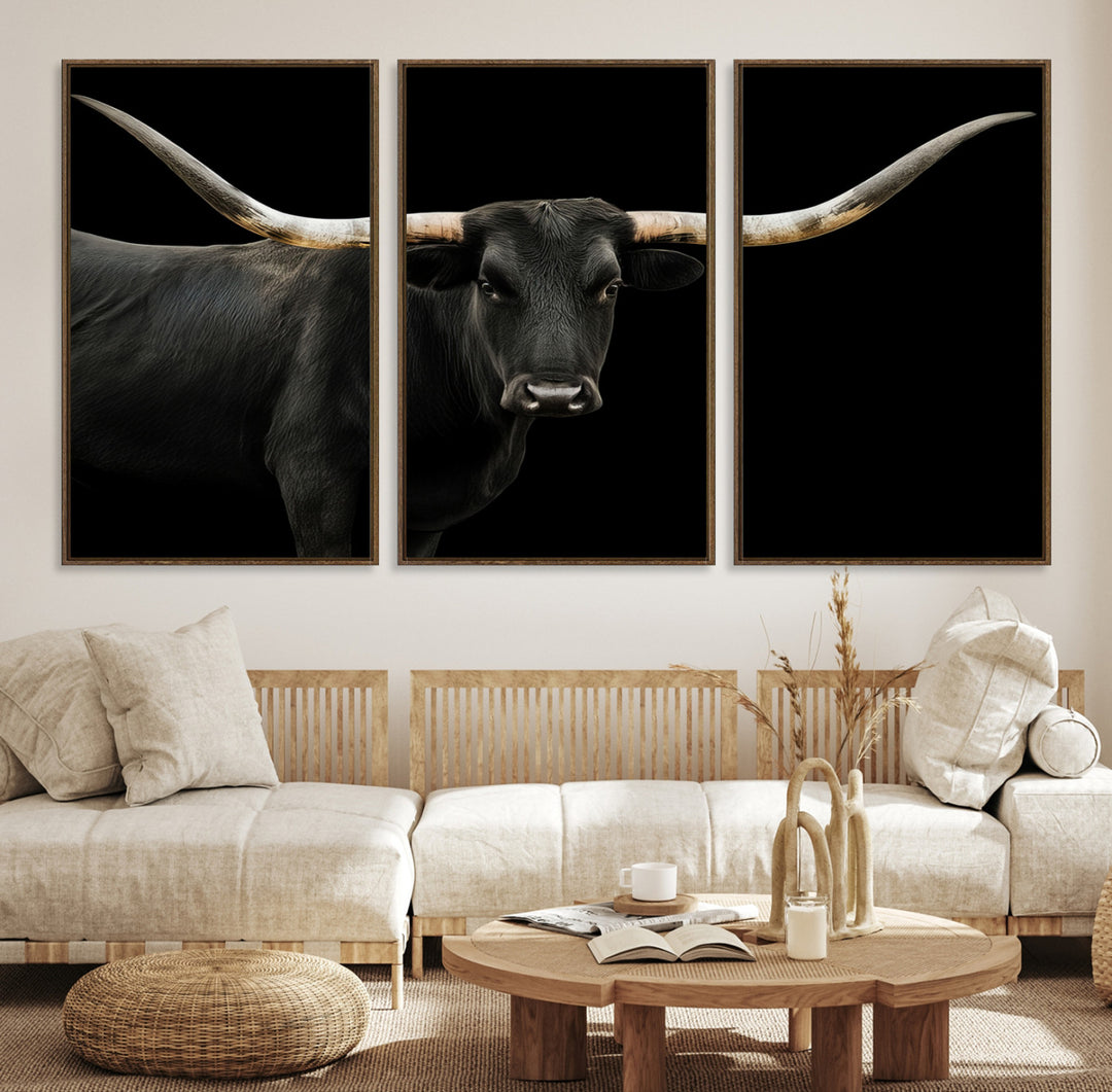 Black White Longhorn Bull Wall Art Canvas Print, Texas Ranch Print, Framed Western Cow Art Print for Farmhouse Decor - Longhorn Print