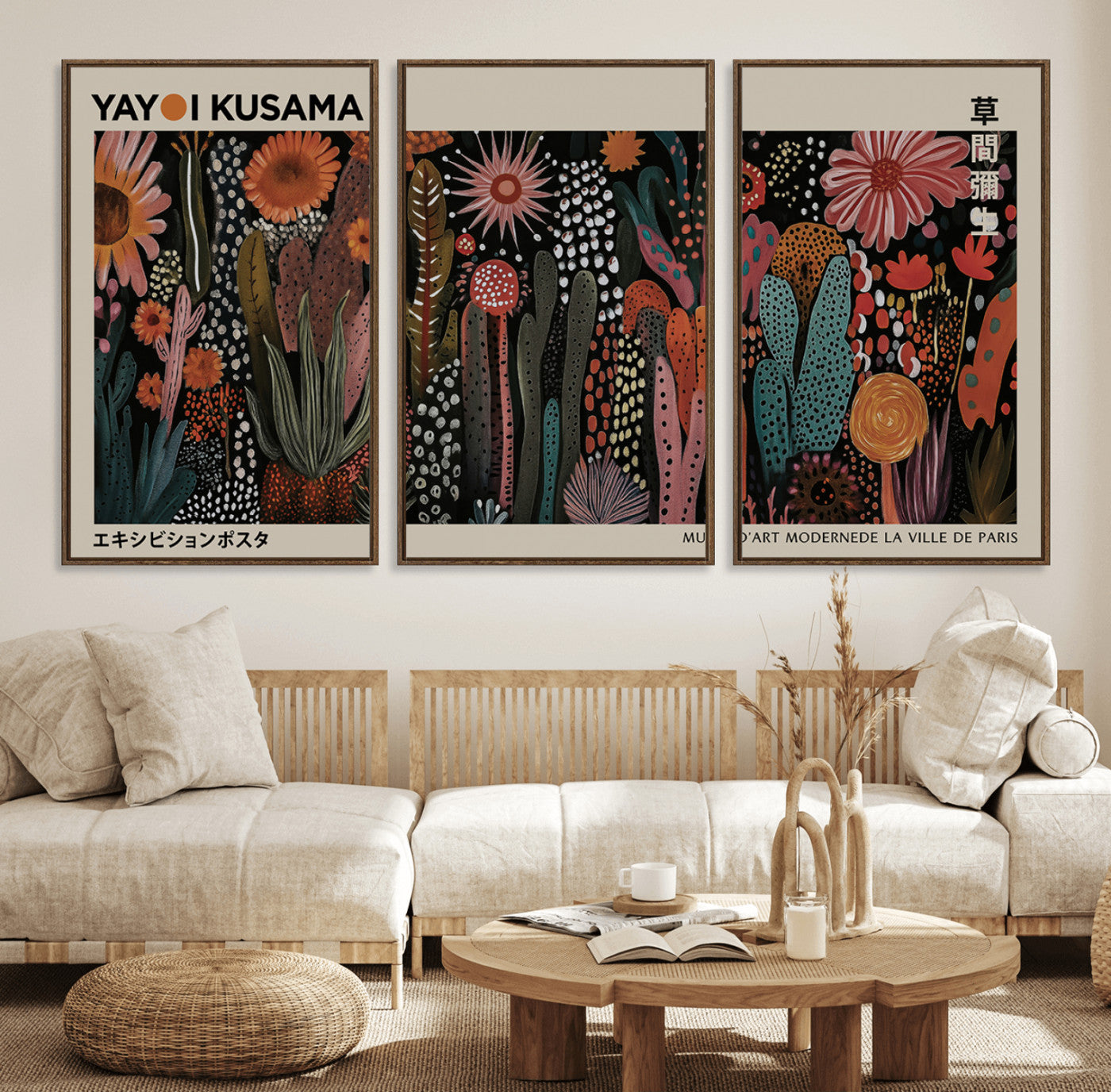 28344895-MGV-CV-36X24-Modern Japanese Wall Art Canvas Print – Framed Abstract Mount Fuji Scene with Contemporary Yayoi Kusama Artwork for Home, Office