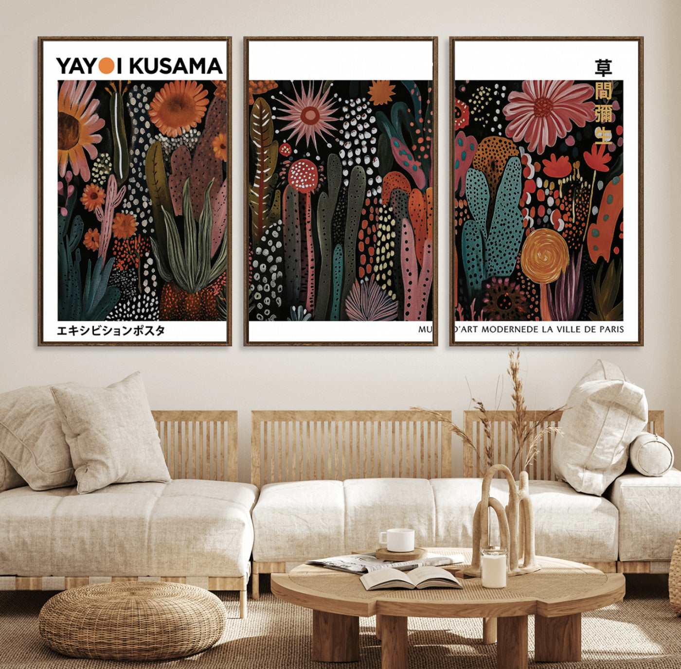 70632622-MGV-FC-60X30-3P_Walnut-Modern Japanese Wall Art Canvas Print – Framed Abstract Mount Fuji Scene with Yayoi Kusama Artwork for Home, Office