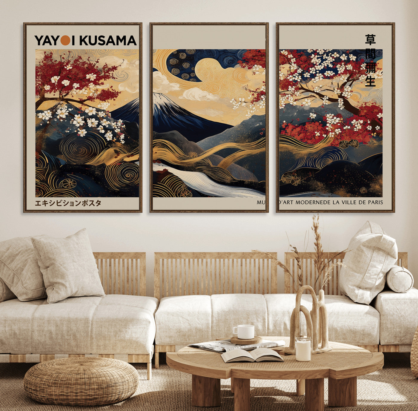 54967195-MGV-FC-60X30-3P_Walnut-Modern Japanese Wall Art Canvas Print – Framed Abstract Mount Fuji Scene with Yayoi Kusama Japanese Artwork for Home, Office