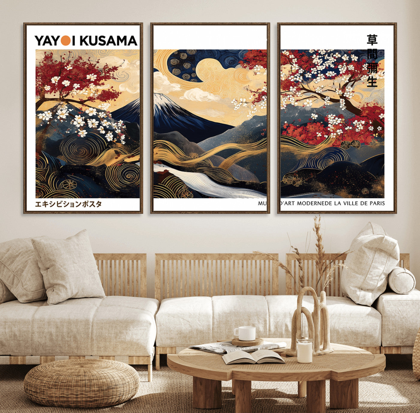66243961-MGV-FC-60X30-3P_Walnut-Modern Mount Fuji Wall Art Canvas Print – Framed Abstract Mount Fuji Scene with Yayoi Kusama Artwork for Home, Office