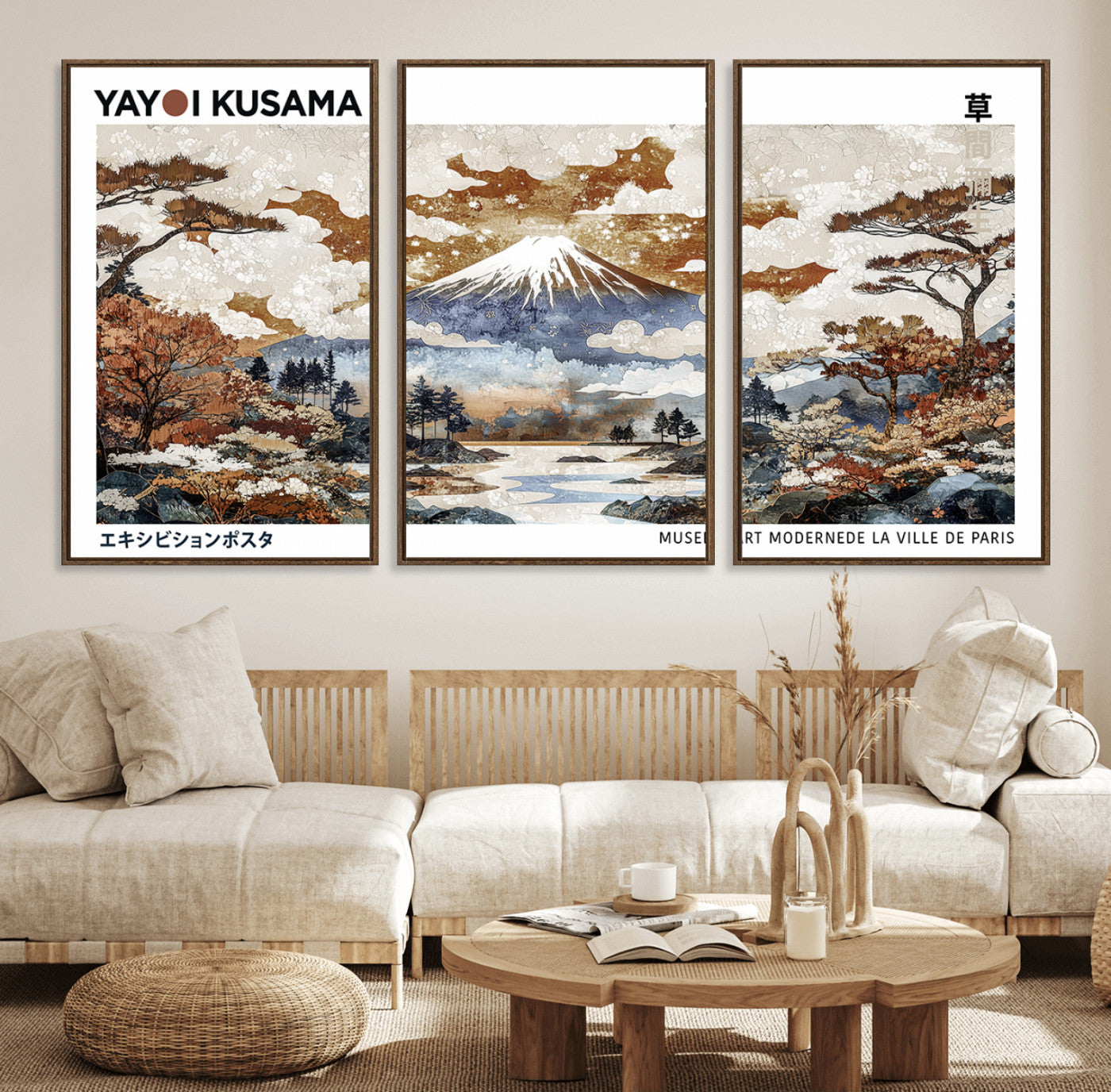 59644240-MGV-FC-60X30-3P_Walnut-Modern Japanese Wall Art Canvas Print – Framed Abstract Mount Fuji Scene with Yayoi Kusama Artwork for Home, Office