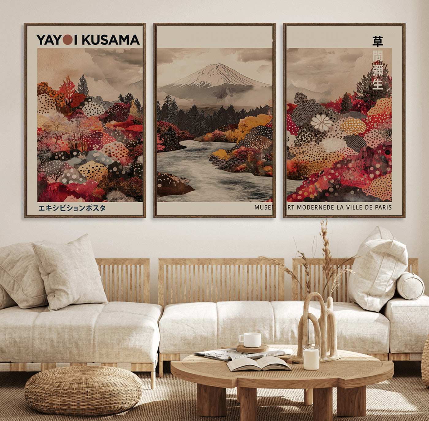 90660838-MGV-FC-60X30-3P_Walnut-Modern Japanese Wall Art Canvas Print – Framed Abstract Mount Fuji Scene with Yayoi Kusama Artwork for Home, Office