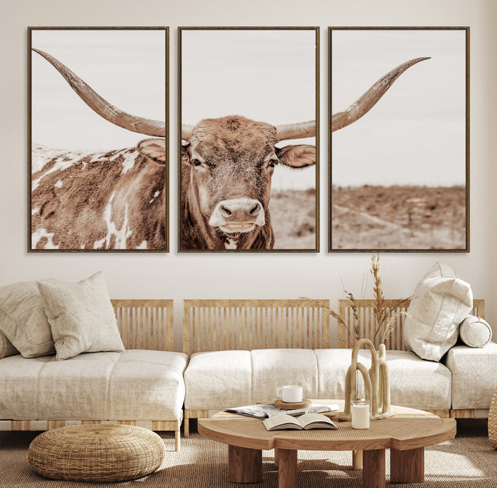 Longhorn Bull Photo Wall Art Canvas Print, Framed Rustic Cow Art Picture Print, Neutral Farmhouse Perfect Rustic Neutral Farmhouse Decor