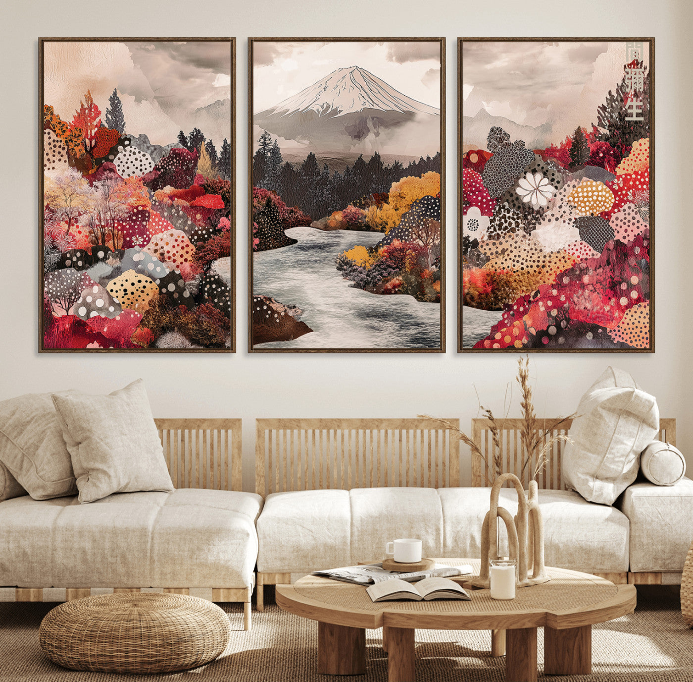 37138418-MGV-FC-60X30-3P_Walnut-Mountain Wall Art Canvas Print – Framed Autumn Forest Cottagecore Landscape Boho Nature Artwork for Home Office