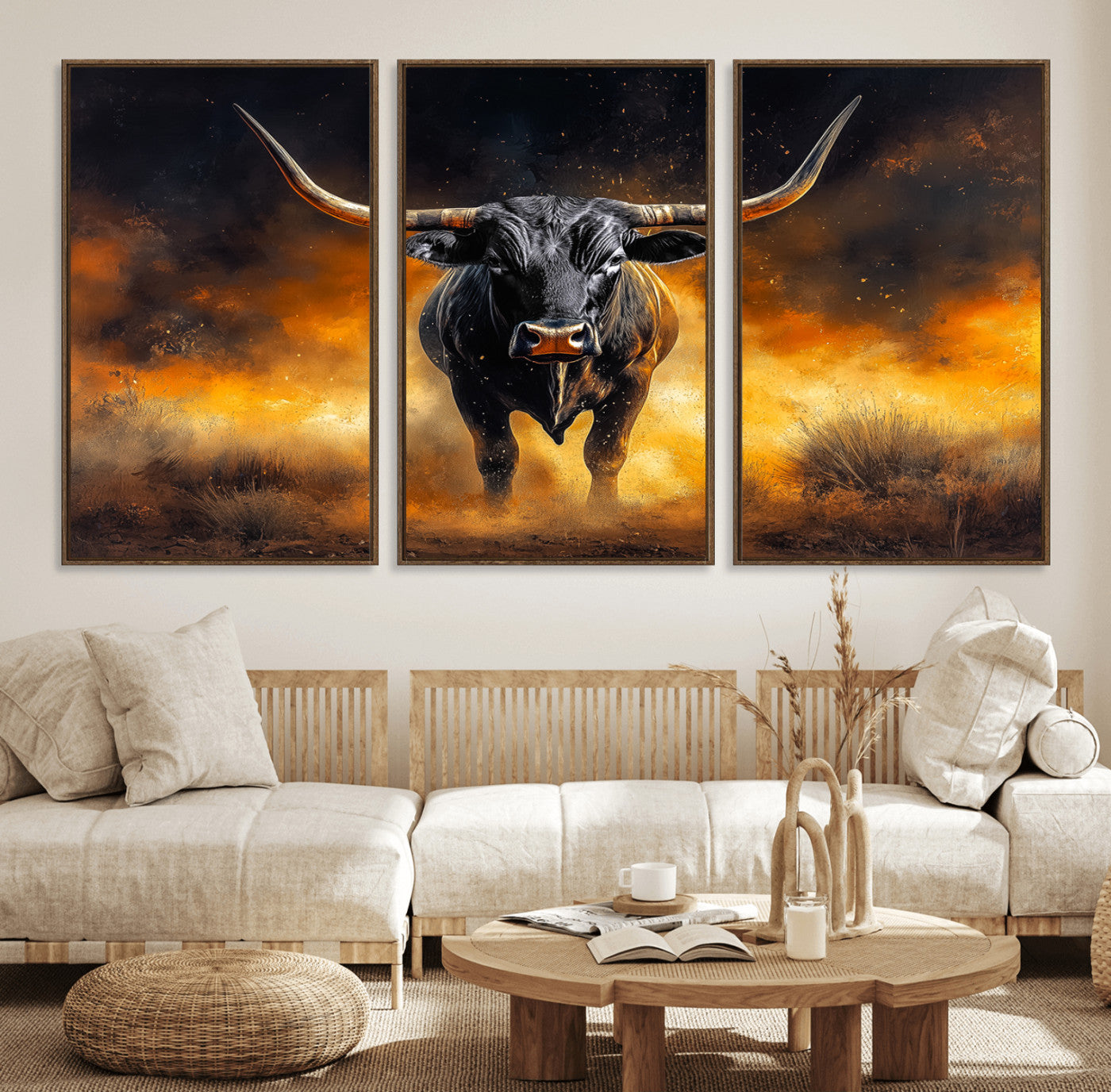 58293979-MGV-FC-60X30-3P_Walnut-Longhorn Canvas Wall Art Canvas Print – Framed Bold Bull Western Animal Dramatic Ranch Artwork for Home Office