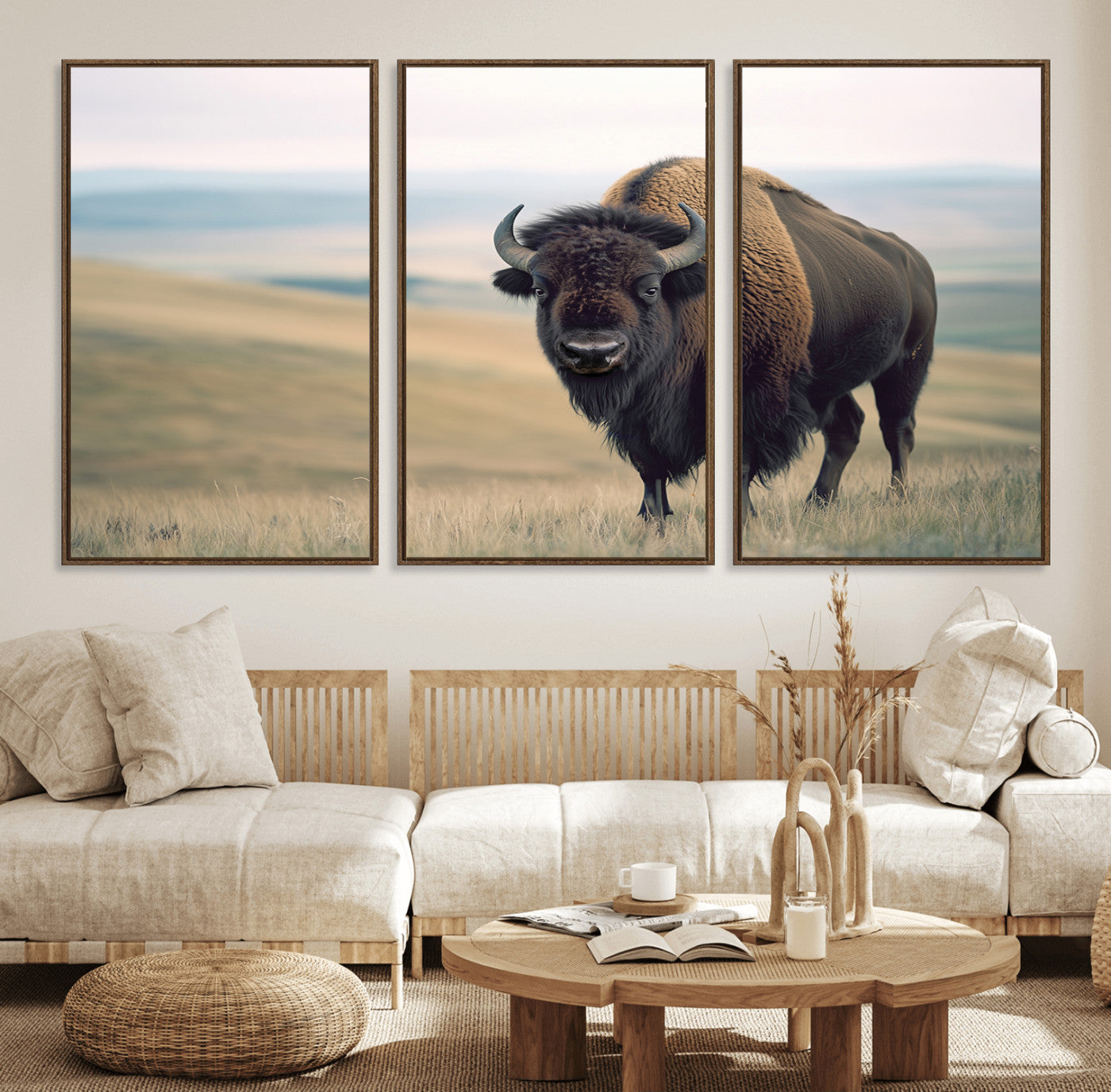 60097194-MGV-FC-60X30-3P_Walnut-Bison Wall Art Canvas Print – Framed Buffalo American Bison Western Ranch Rustic Animal Artwork for Home, Office