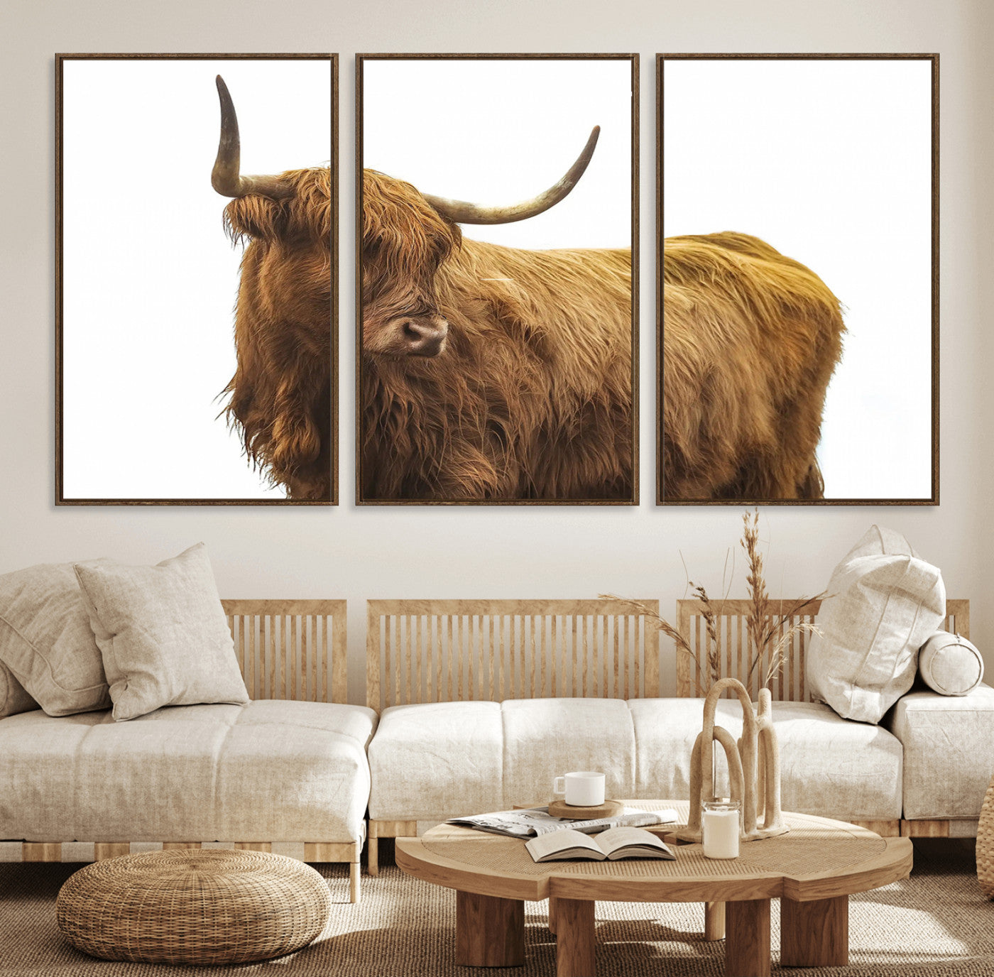 93291678-MGV-FC-60X30-3P_Walnut-Highland Cow Wall Art Canvas Print – Framed Farmhouse Rustic Animal Western Countryside Artwork for Home, Office