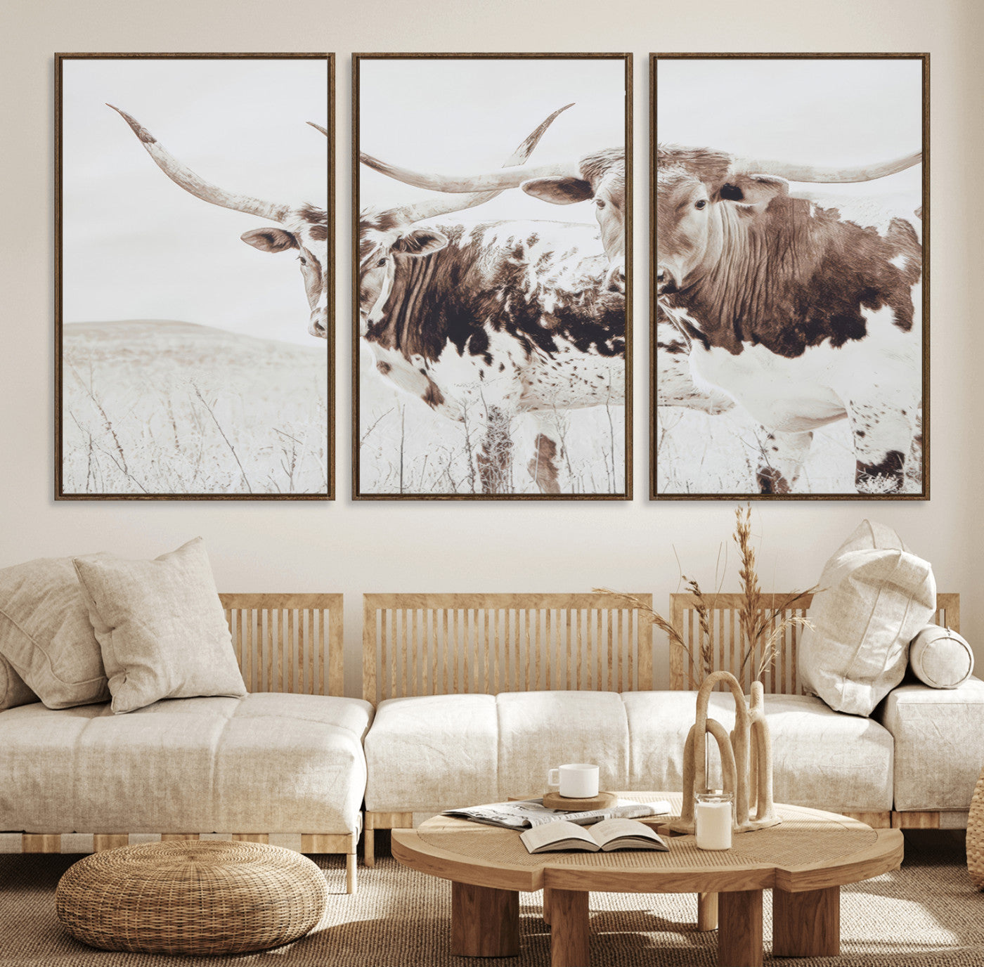 44871787-MGV-FC-60X30-3P_Walnut-Longhorn Wall Art Canvas Print – Framed Western Cow Rustic Farmhouse Countryside Animal Artwork for Home, Office