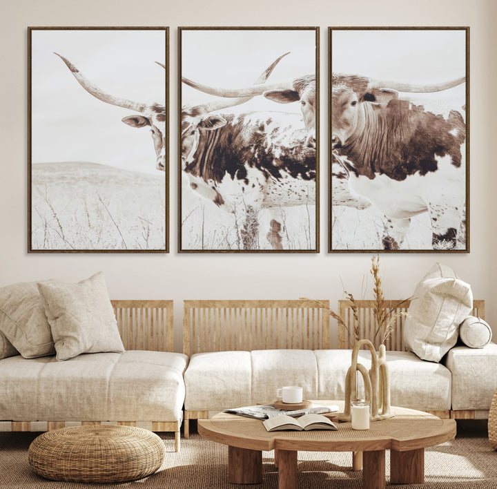 Longhorn Wall Art Wall Art Canvas Print, Western Cow Canvas Print, Framed Rustic Farm Decor Art Print, Large Neutral Animal Scene Printing