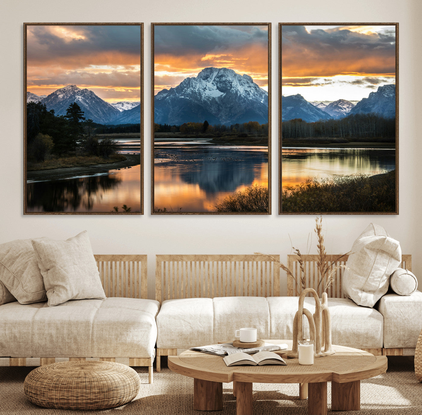 14130176-MGV-FC-60X30-3P_Walnut-Mountain Sunset Wall Art Canvas Print – Framed Alpine Wilderness Golden Hour Scenic Nature Artwork for Home Offic