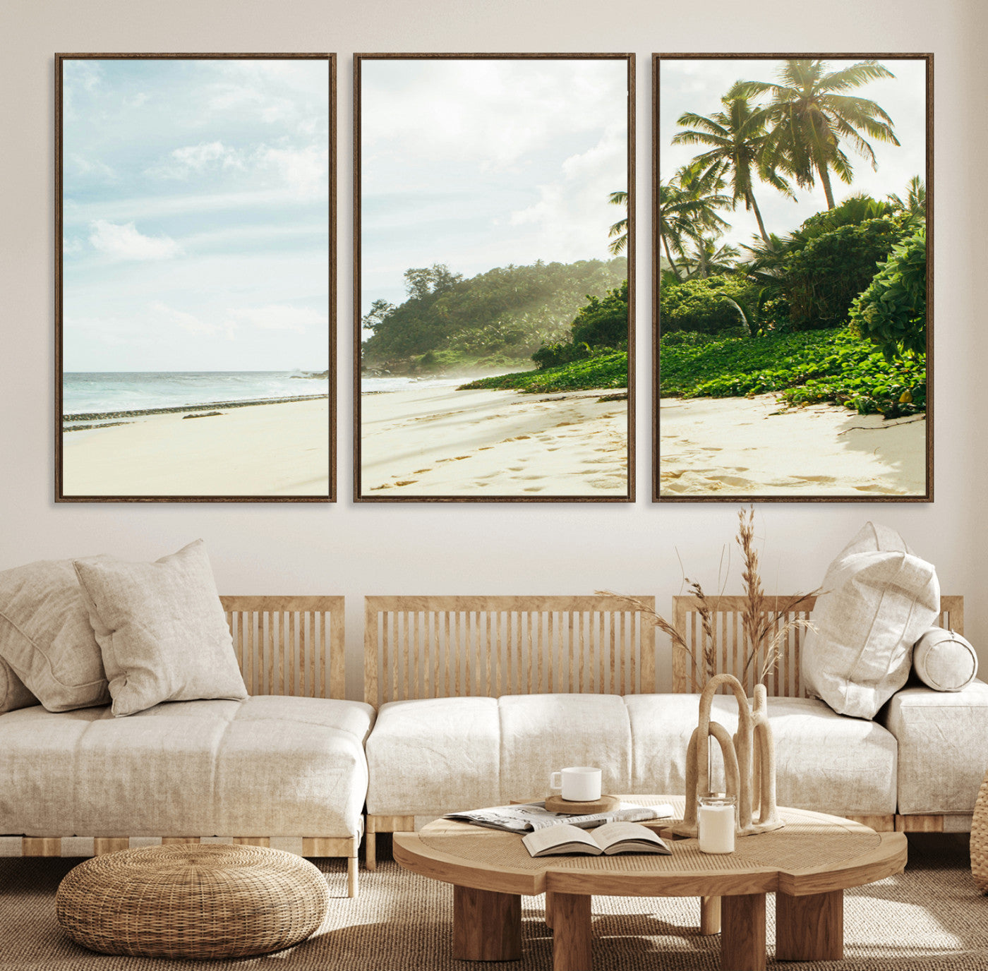 42984524-MGV-FC-60X30-3P_Walnut-Relaxing Beach Wall Art Canvas Print – Framed Ocean View Coastal Serenity Tropical Nature Scene Artwork for Home Office