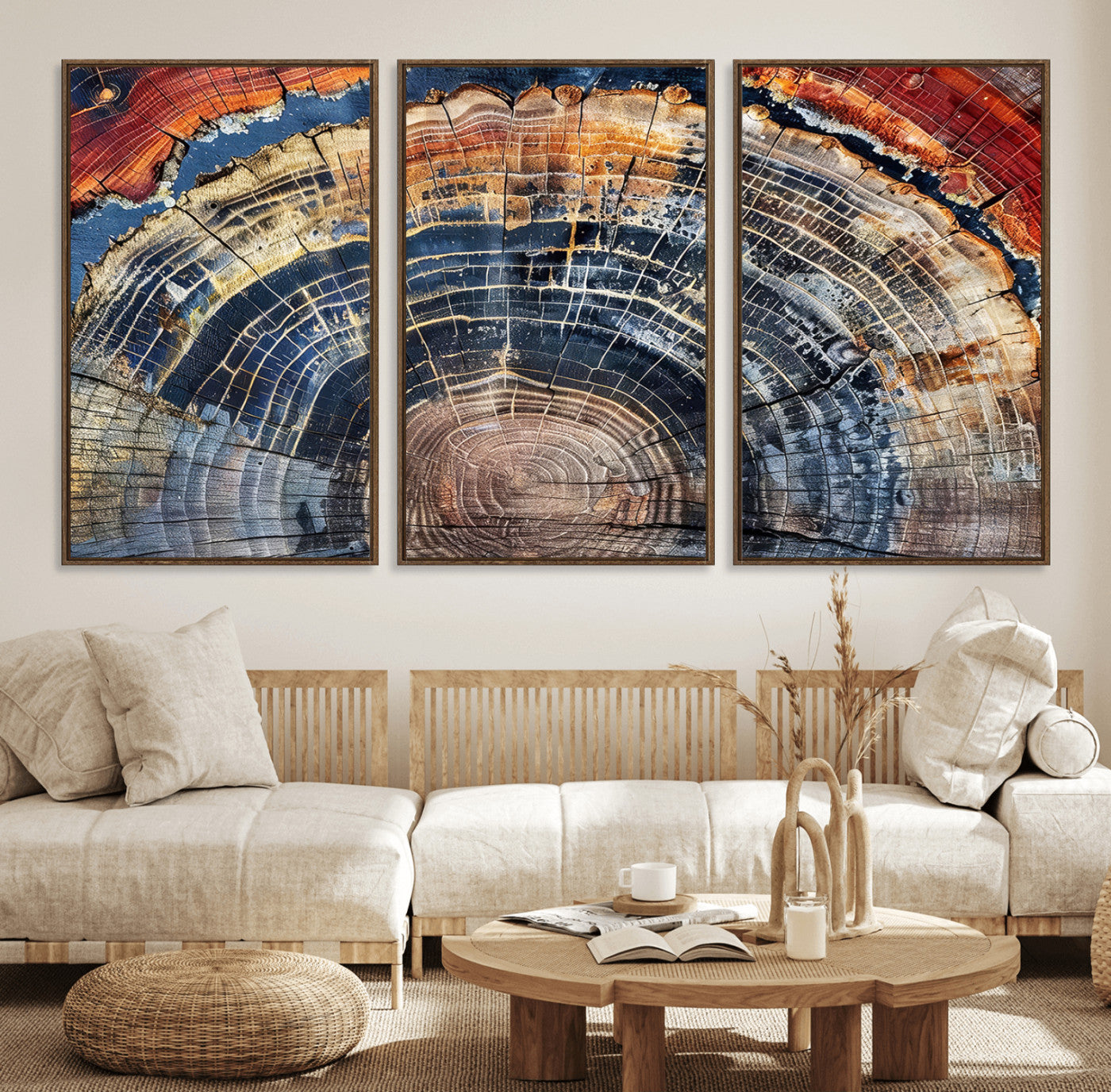 60292921-MGV-FC-60X30-3P - Vintage Tree Rings Wall Art Canvas Print – Framed Wood Art Picture Petrified Wood Artwork for Home, Office, Living Room