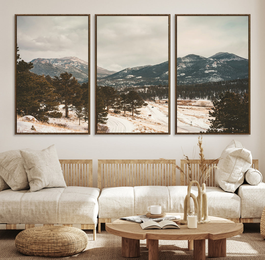 Mountain Landscape Wall Art Canvas Print, Framed Snowy Peaks Art Picture Print, Alpine Aesthetic Perfect Rustic Winter Decor Artwork