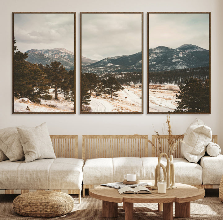 Mountain Landscape Wall Art Canvas Print, Framed Snowy Peaks Art Picture Print, Alpine Aesthetic Perfect Rustic Winter Decor Artwork