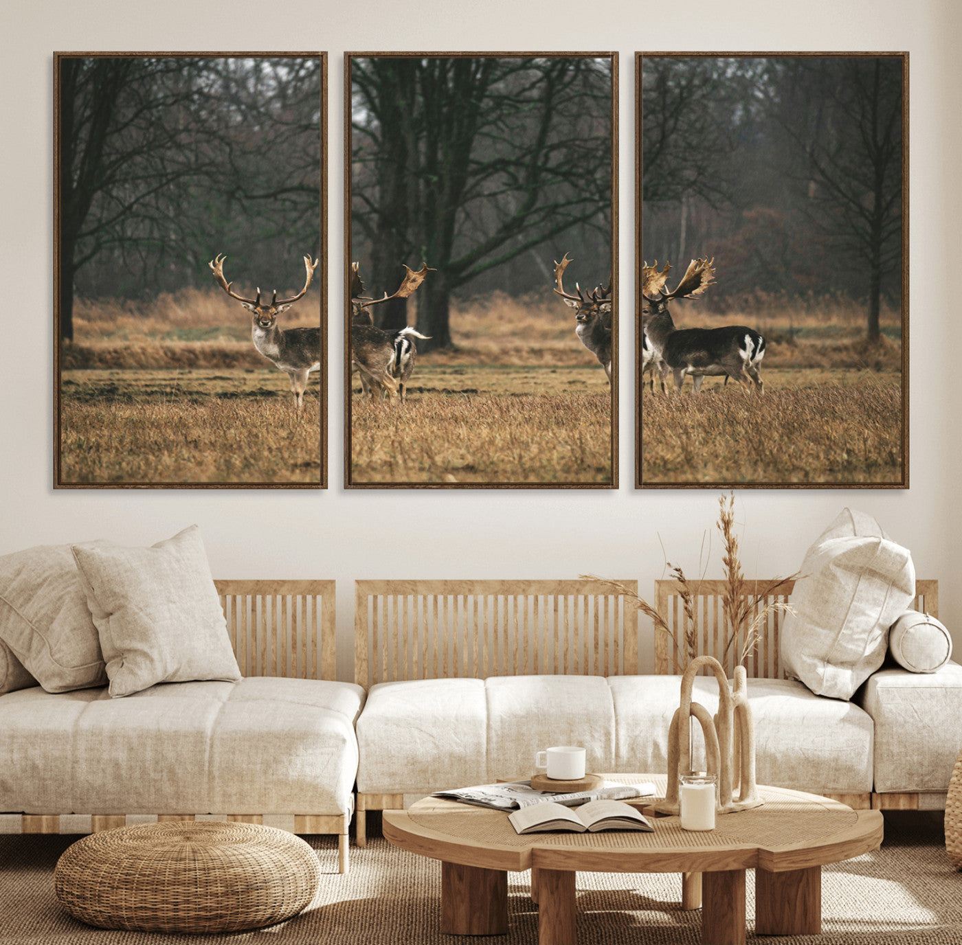 55348744-MGV-FC-60X30-3P_Walnut-Deer Wall Art Canvas Print – Framed Rustic Wildlife Stags Forest Nature Scene Artwork for Home, Office, Living Room