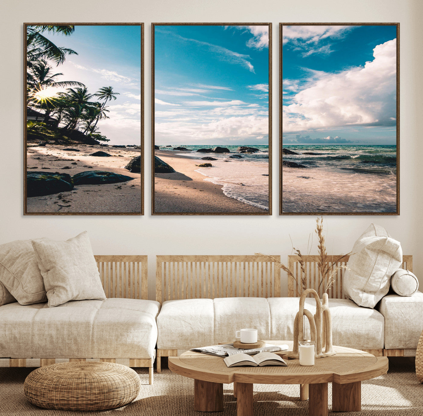 95301406-MGV-FC-60X30-3P_Walnut-Tropical Beach Wall Art Canvas Print – Framed Ocean Waves Relaxing Seascape Coastal Nature Scene Artwork for Home Office