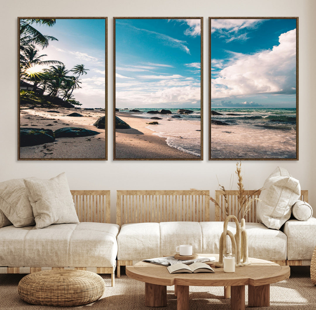 Tropical Beach Wall Art Canvas Print, Framed Ocean Waves Art Picture Print, Relaxing Seascape Perfect Tropical Coastal Decor Artwork