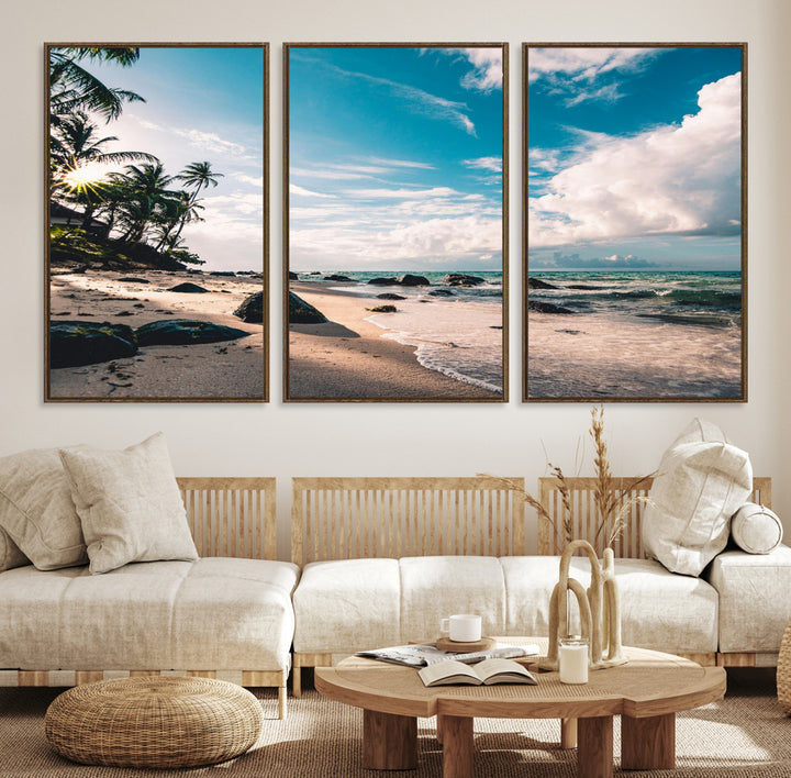 Tropical Beach Wall Art Canvas Print, Framed Ocean Waves Art Picture Print, Relaxing Seascape Perfect Tropical Coastal Decor Artwork