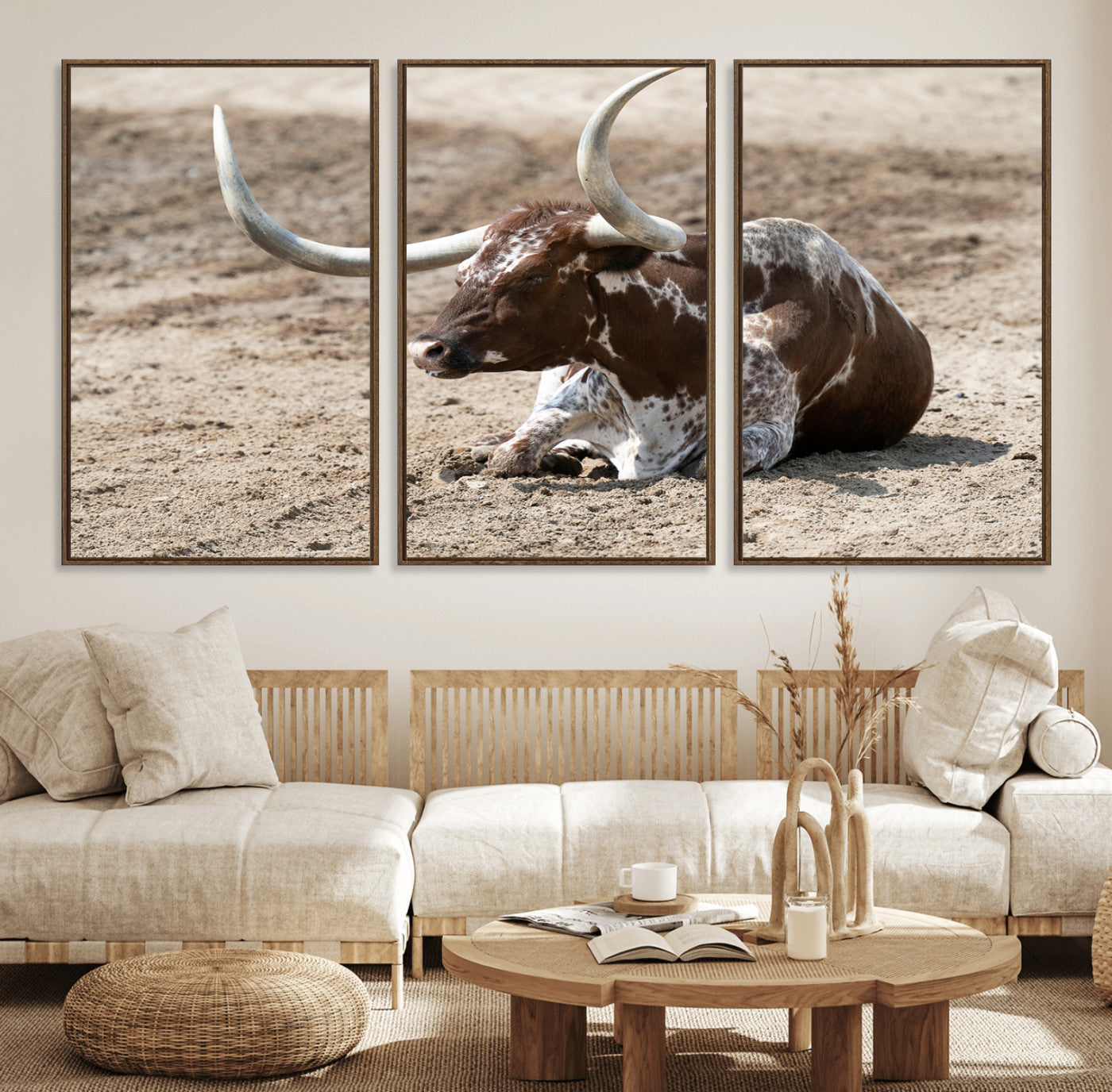 76549210-MGV-FC-60X30-3P_Walnut-Texas Longhorn Wall Art Canvas Print – Framed Country Living Farmhouse Rustic Cattle Scene Artwork for Home Office
