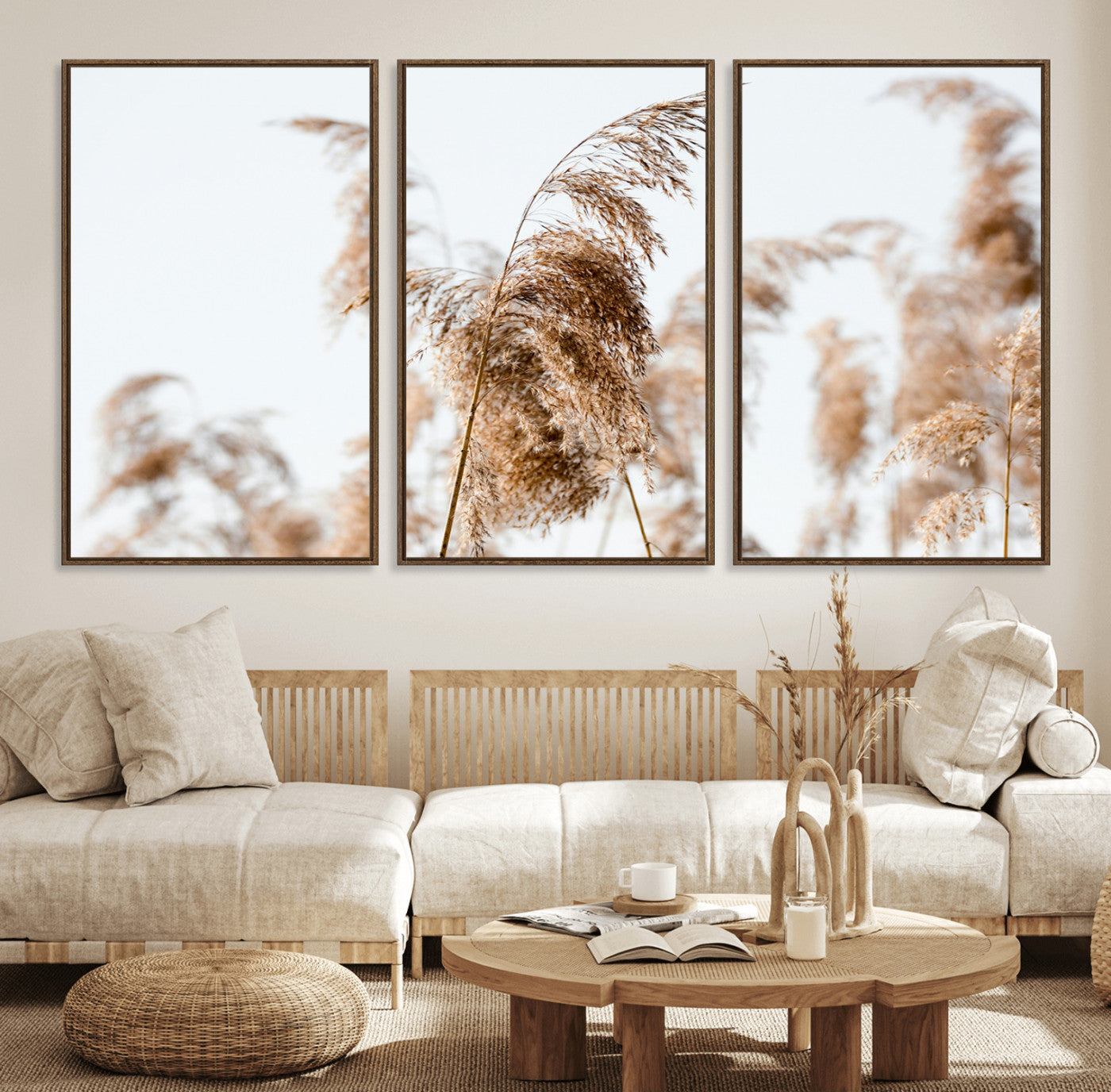 17019393-MGV-FC-60X30-3P_Walnut-Pampas Grass Wall Art Canvas Print – Framed Neutral Tones Minimalist Nature Boho Scene Artwork for Home Office