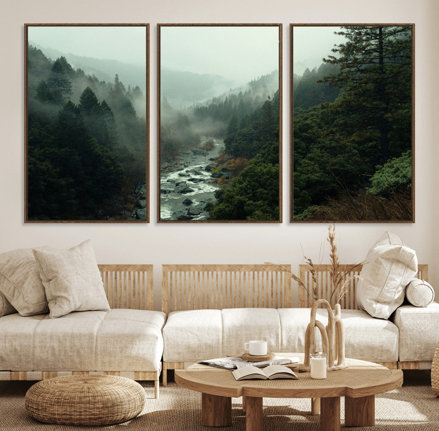 48497565-MGV-FC-60X30-3P_Walnut-Misty Forest Wall Art Canvas Print – Framed Foggy River Moody Landscape Wilderness Nature Scene Artwork for Home Office