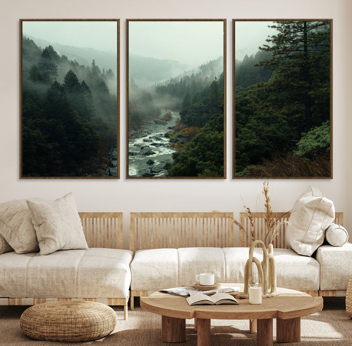 Misty Forest Wall Art Canvas Print, Framed Foggy River Art Picture Print, Moody Landscape Perfect Wilderness Decor Artwork
