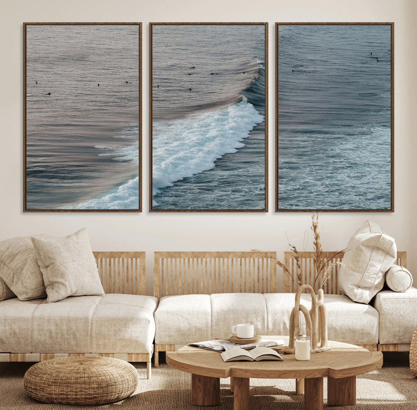 23077324-MGV-FC-60X30-3P_Walnut-Ocean Waves Wall Art Canvas Print – Framed Coastal Serenity Surf Nature Scene Artwork for Home Office