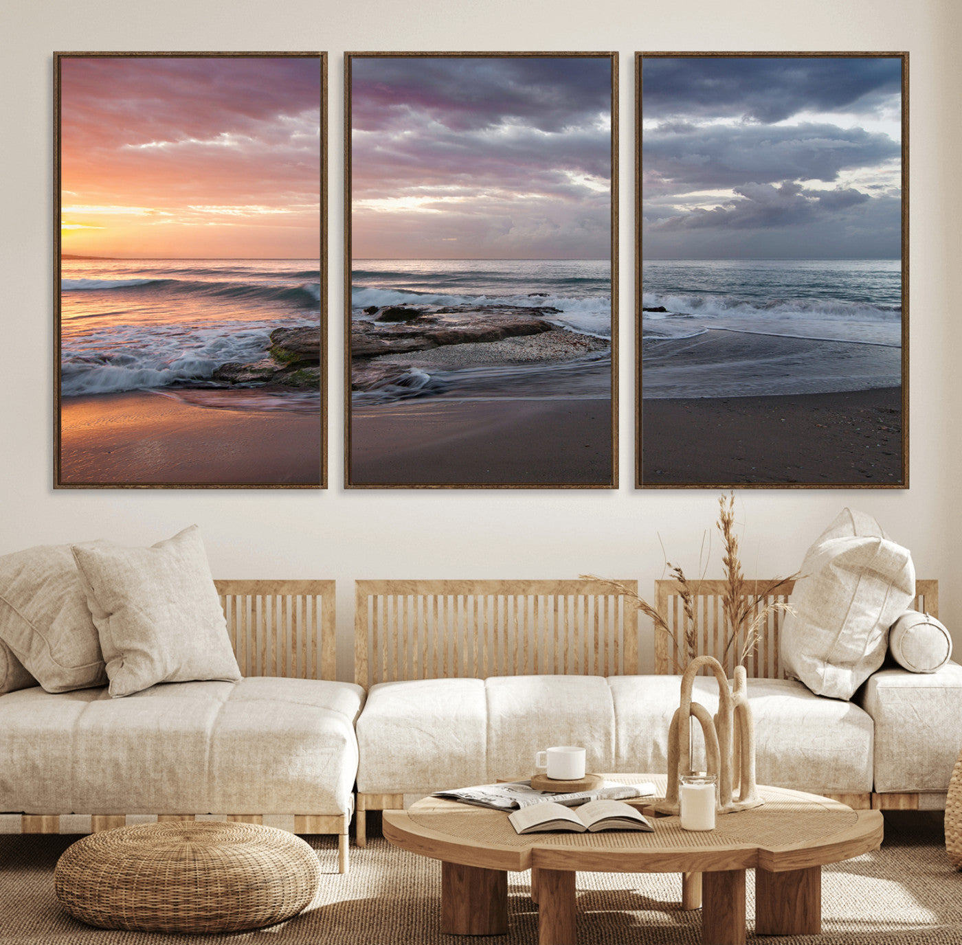 94208089-MGV-FC-60X30-3P_Walnut-Golden Hour Wall Art Canvas Print – Framed Tranquil Waves Beach Coastal Serenity Nature Scene Artwork for Home Office