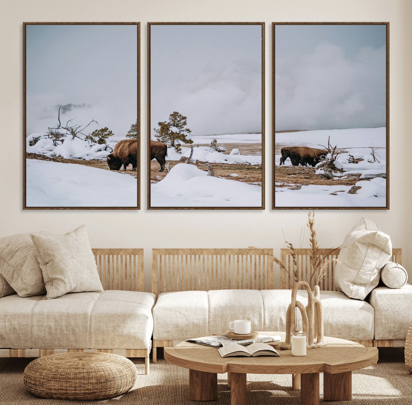 60308289-MGV-FC-60X30-3P_Walnut-Bison Wildlife Wall Art Canvas Print – Framed Snowy Prairie Western Rustic Nature Scene Artwork for Home Office