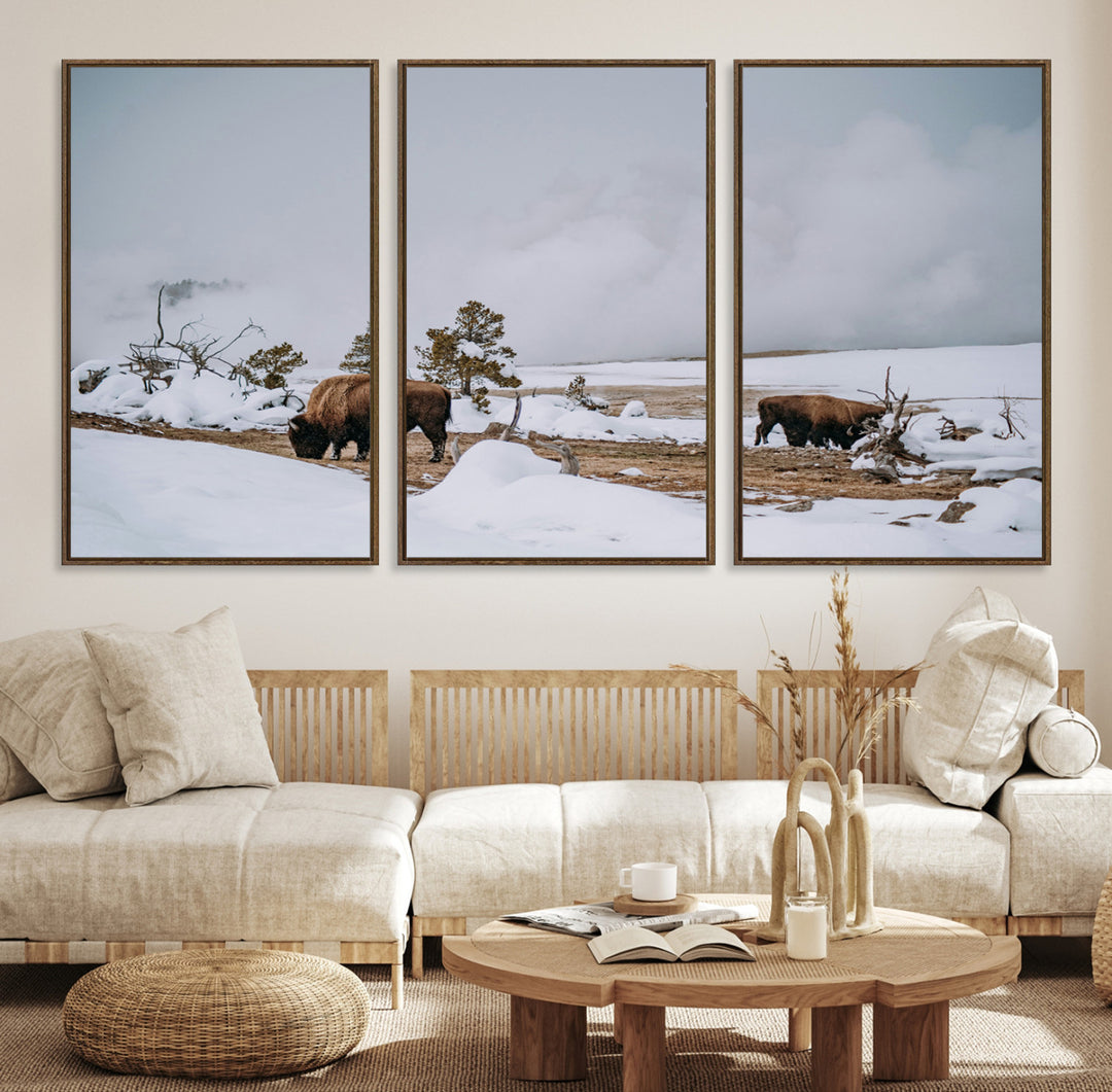 Bison Wildlife Wall Art Canvas Print, Framed Snowy Prairie Art Picture Print, Western Perfect Rustic Decor Artwork
