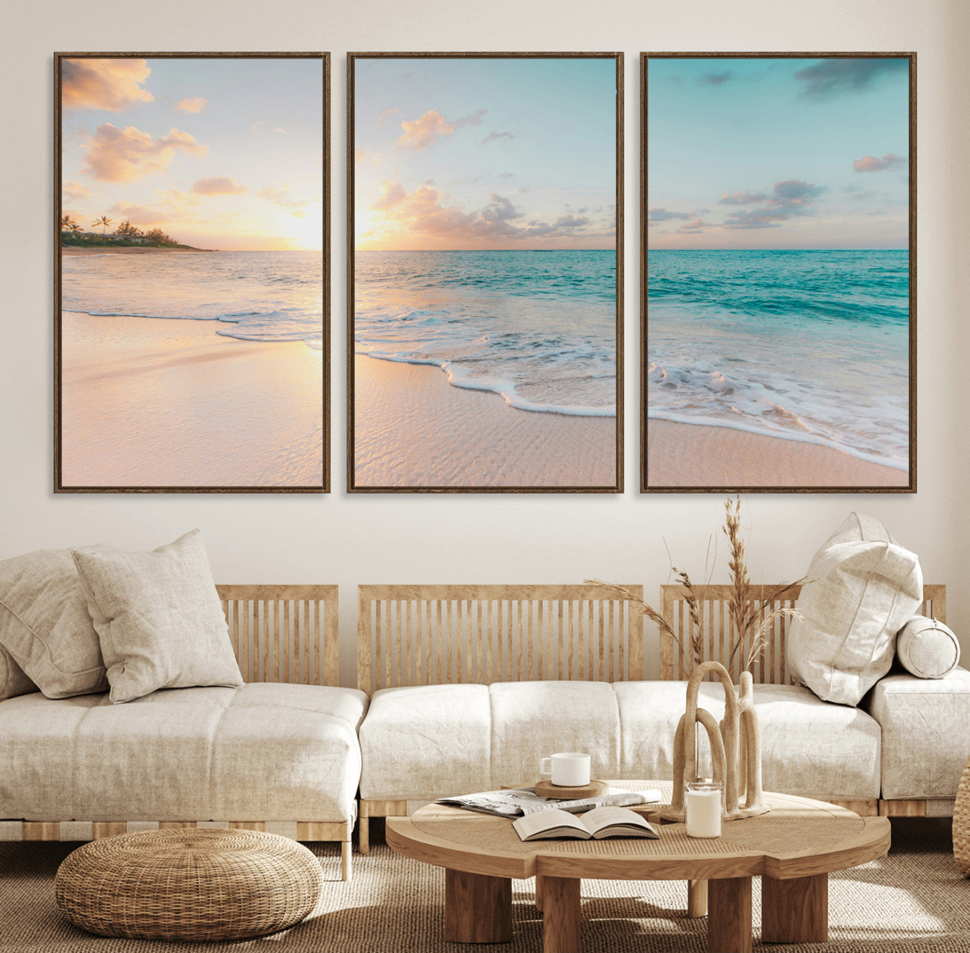 94538225-MGV-FC-60X30-3P_Walnut-Beach Sunset Wall Art Canvas Print – Framed Ocean Waves Summer Escape Coastal Nature Scene Artwork for Home Office