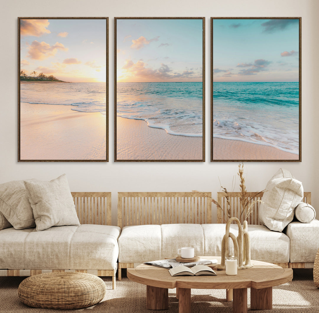 Beach Sunset Wall Art Canvas Print, Framed Ocean Waves Art Picture Print, Summer Escape Perfect Coastal Decor Artwork