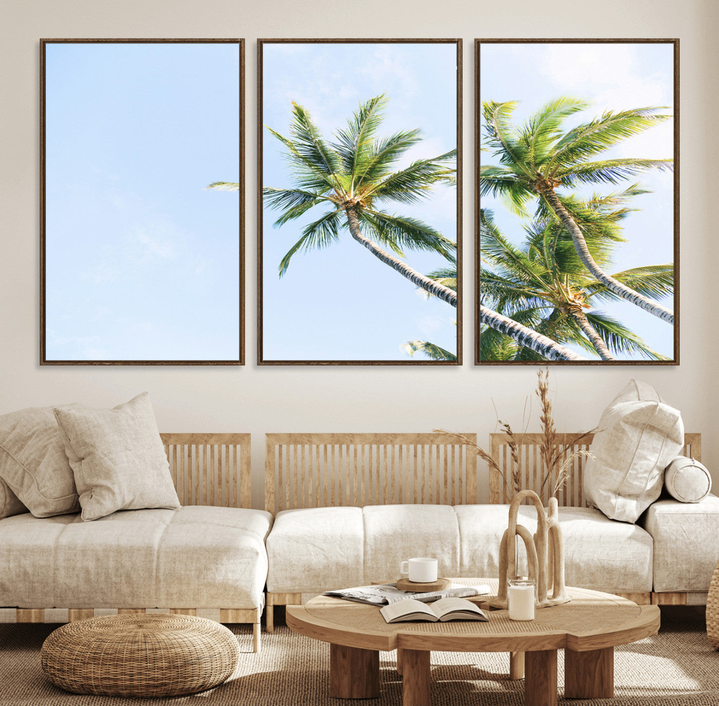 54719115-MGV-FC-60X30-3P_Walnut-Palm Trees Wall Art Canvas Print – Framed Tropical Coastal Nature Scene Artwork for Home Office