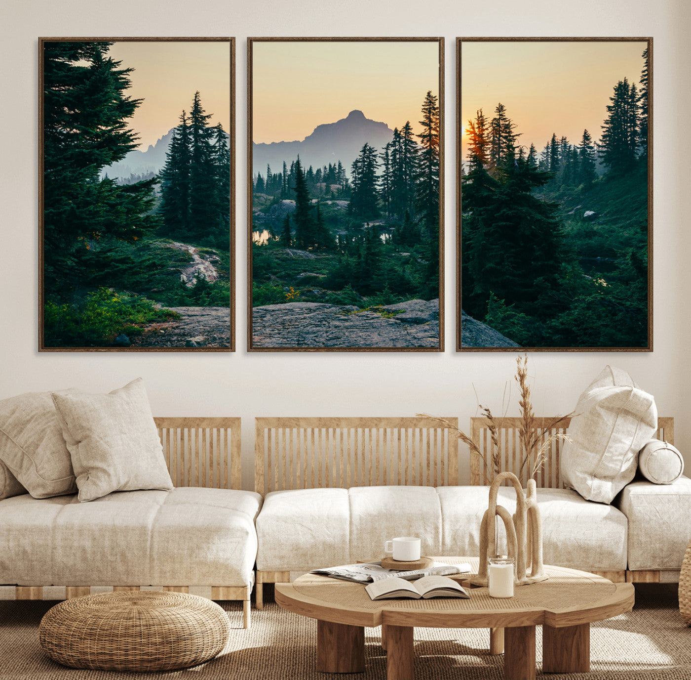 66397982-MGV-FC-60X30-3P_Walnut-Mountain Wall Art Canvas Print – Framed Forest Serenity Mountain Nature Scene Artwork for Home Office