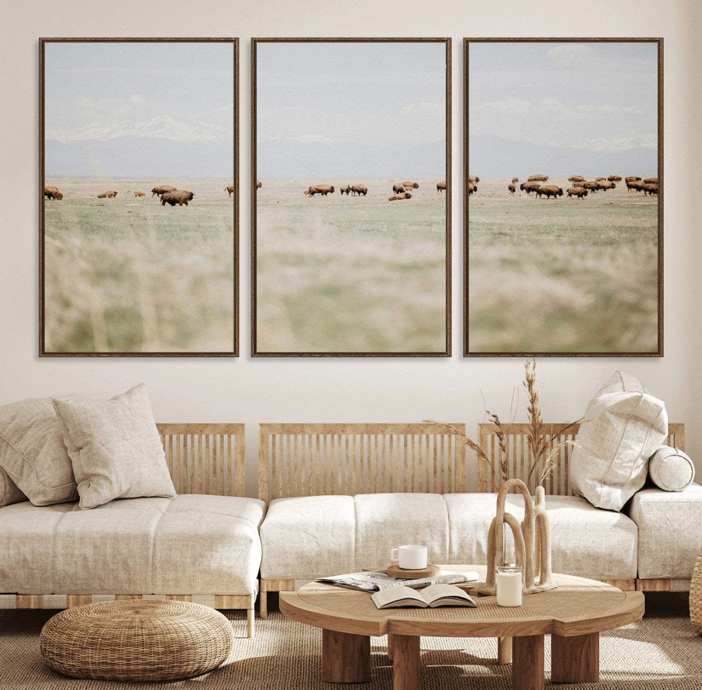 36510917-MGV-FC-60X30-3P_Walnut-Bison Herd Wall Art Canvas Print – Framed Western Bison Ranch Nature Scene Artwork for Home, Office, Living Room