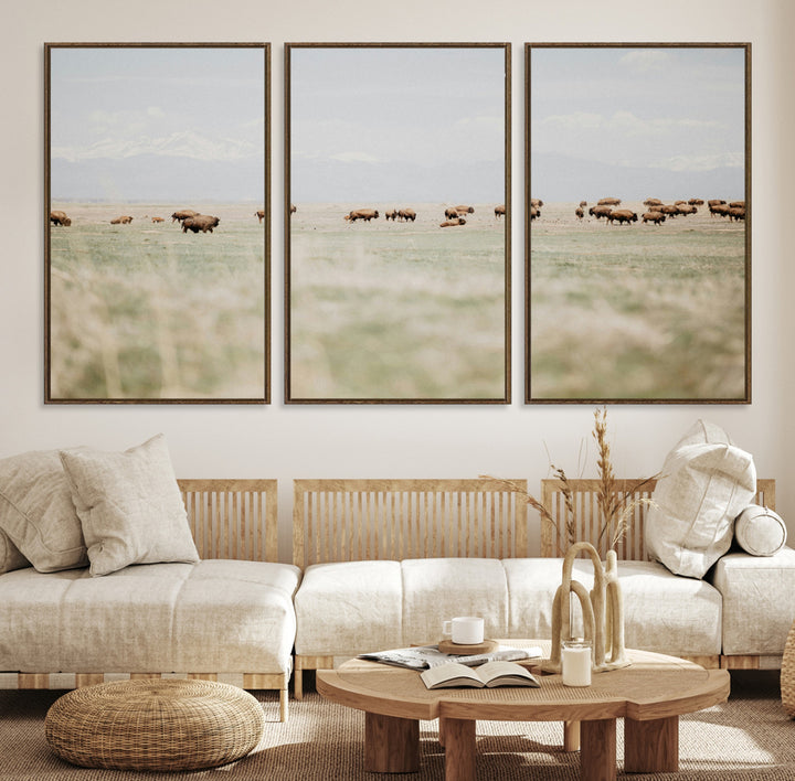 Bison Herd Wall Art Canvas Print, Framed Western Art Picture Print, Bison Perfect Ranch Decor Artwork