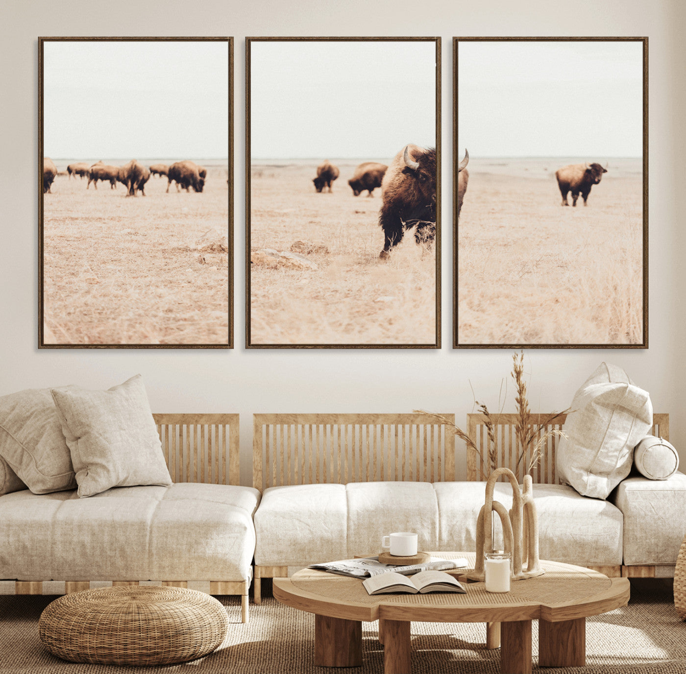 61367865-MGV-FC-60X30-3P_Walnut-Bison Herd Wall Art Canvas Print – Framed Western Prairie Serenity Ranch Nature Scene Artwork for Home Office