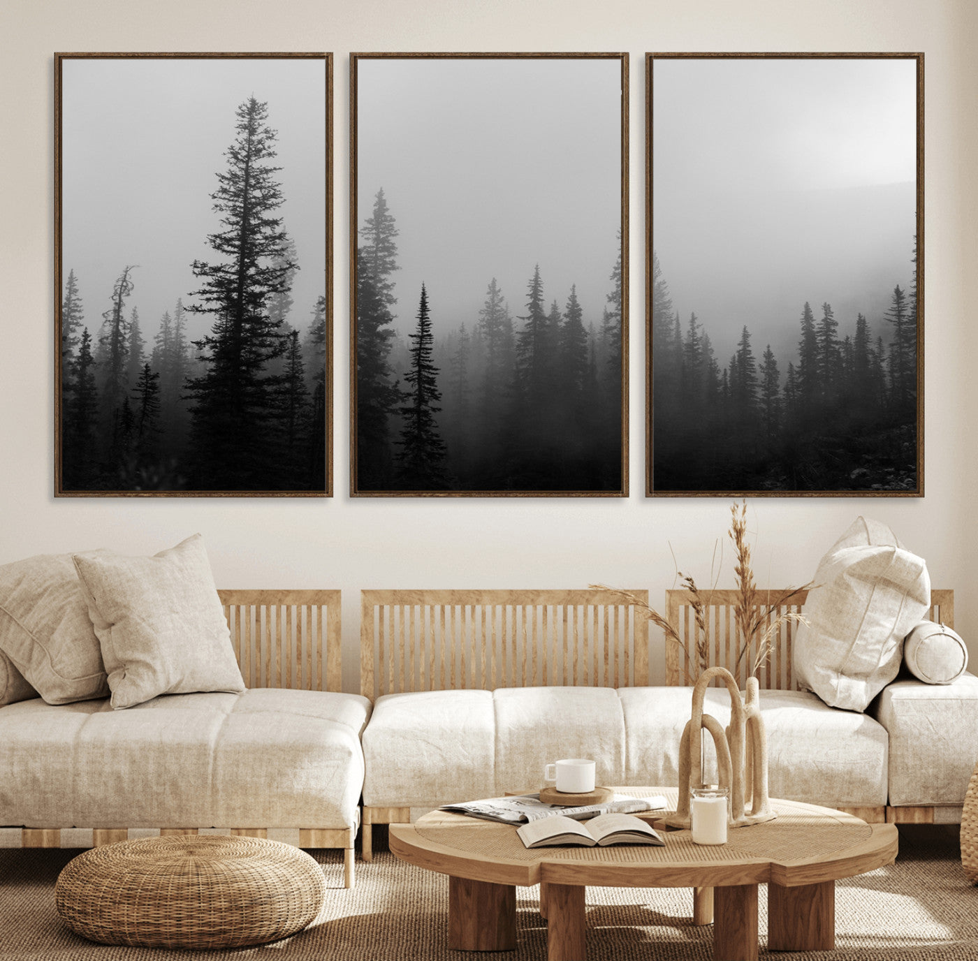 73138900-MGV-FC-60X30-3P_Walnut-Misty Pines Wall Art Canvas Print – Framed Woodland Minimalist Rustic Nature Scene Photography Artwork for Home Office