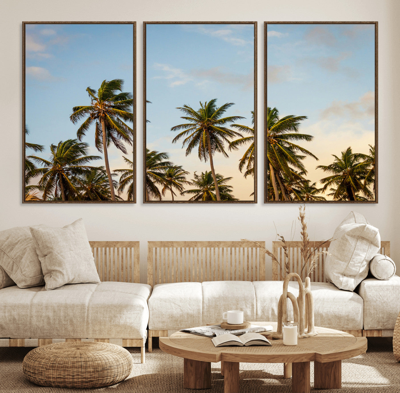 99033771-MGV-FC-60X30-3P_Walnut-Palm Trees Wall Art Canvas Print – Framed Tropical Vibes Coastal Sunset Boho Nature Scene Artwork for Home Office
