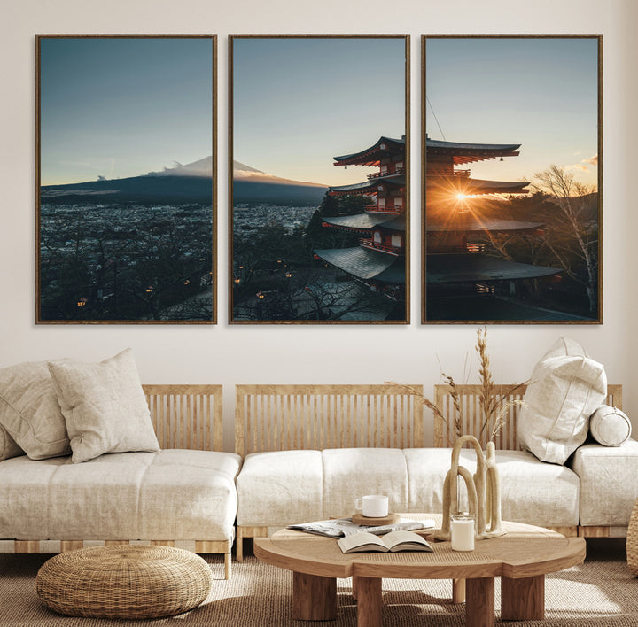 Chureito Pagoda at sunset with Mount Fuji in the background, city lights below, and golden sun rays, ideal for Japanese-inspired wall art.