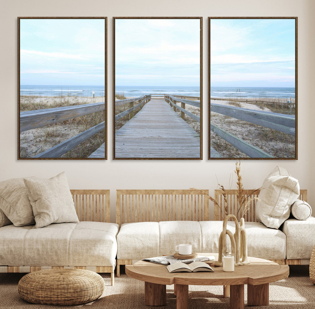 Beach Boardwalk Wall Art Canvas Print, Framed Coastal Serenity Art Picture Print, Ocean View Perfect Coastal Decor Artwork